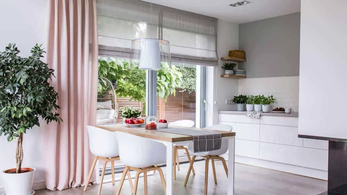 modern kitchen with fancy window treatment