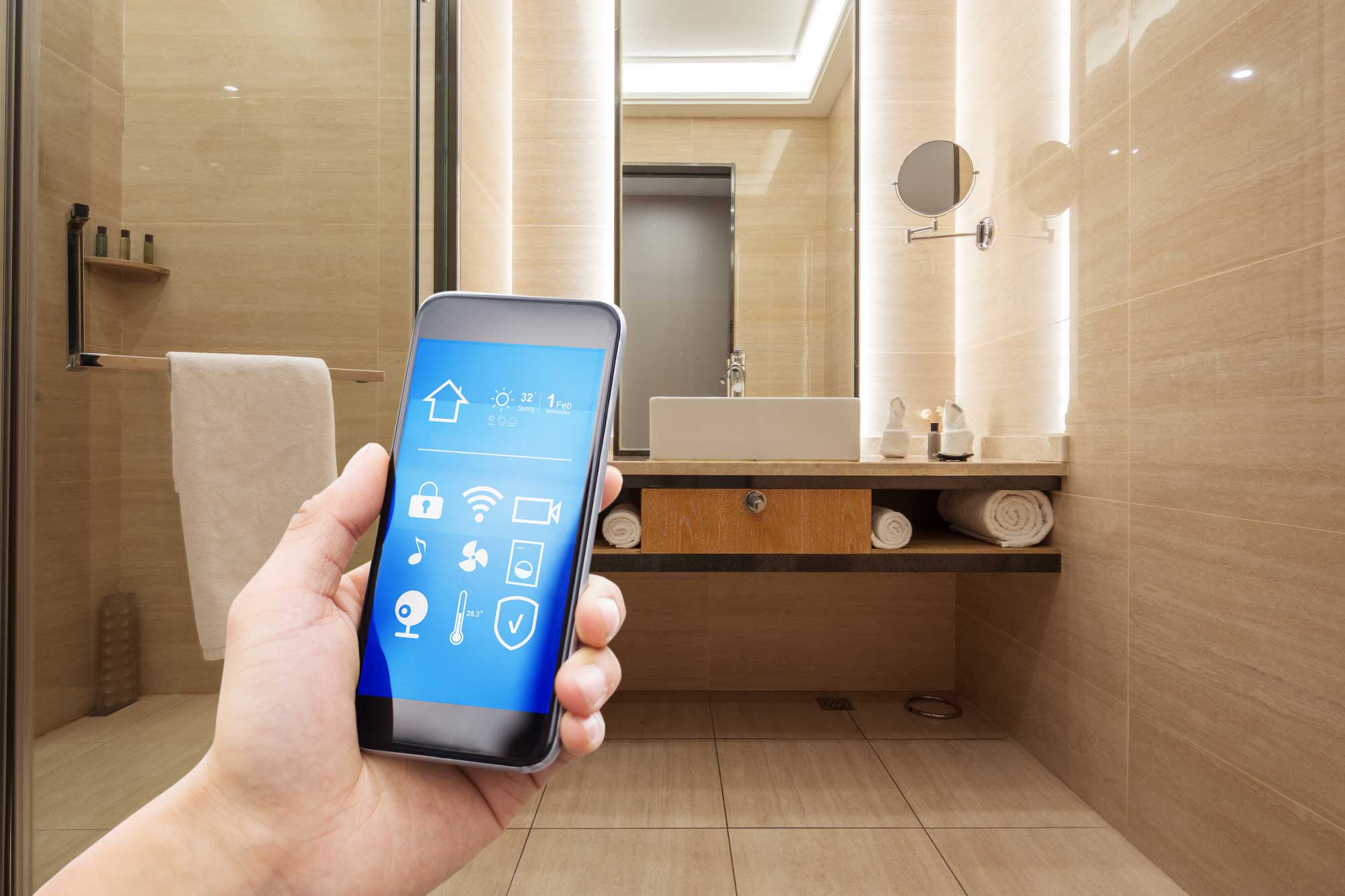 Smartphone with smart home and modern bathroom