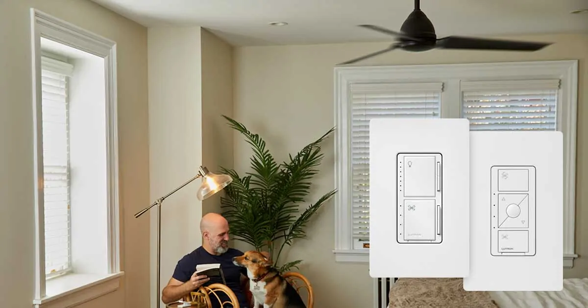 man with dog in home with smart switches